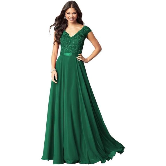 V Neck A Line Long Mother of The Bride Dress Lace Appliques Bridesmaid Dress - Picture 1 of 5
